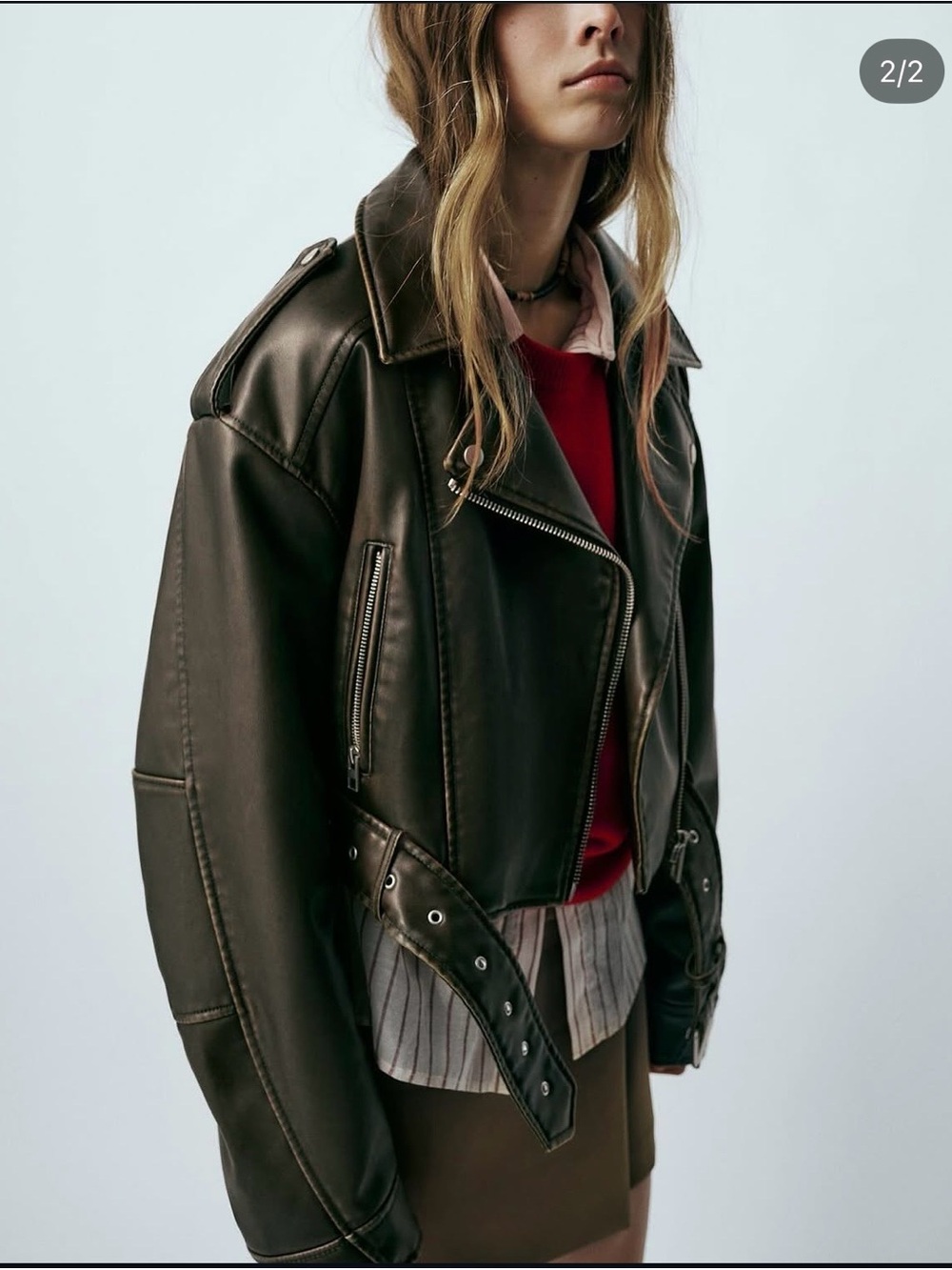 Zara Cropped Faux Leather Moto Jacket- Dark Brown Size Medium